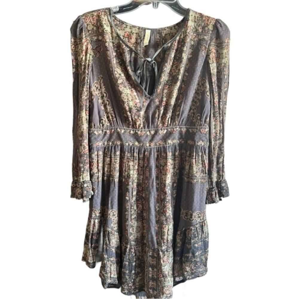 Free People Gray Tan Smocked long sleeve